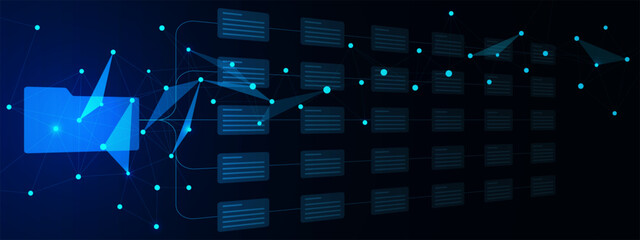 Digital folder and documents with connecting dots and lines. Migration file and connected document file concept background.