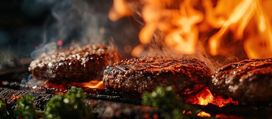 Sticker - burning beef burgers on bbq flames smoke and fire. Creative Banner. Copyspace image