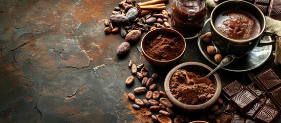 Poster - Cocoa in different presentations hot drink beans powder and chocolate bar. Creative Banner. Copyspace image