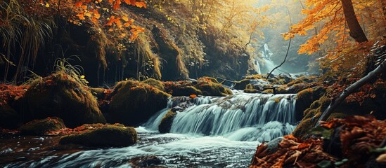 Poster - Brook waterfall in the autumn forest Autumn forest waterfall Forest waterfall in autumn Waterfall in autumn forest. Creative Banner. Copyspace image