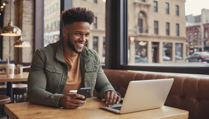 Wall Mural - Smiling Professional African American Man Working on Laptop with Smartphone in Hand at Cafe. 