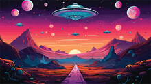 Outer Space With A Vector Scene Featuring AI-driven Robots On Extraterrestrial Missions. Illustrate Rovers And Drones Exploring Alien Landscapes, Showcasing The Technological