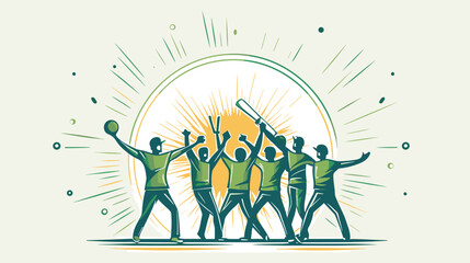 Wall Mural - unity and strategy of a cricket team in a vector scene featuring players celebrating a wicket or str