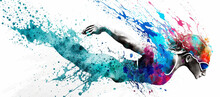 Watercolor Abstract Illustration Of Swimmer. Swimming Action During Colorful Paint Splash Isolated On White Background. AI Generated.	