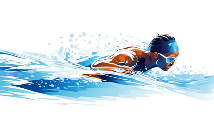 Wall Mural - Watercolor abstract illustration of swimmer. Swimming action during colorful paint splash isolated on white background. AI generated.	