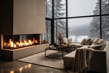 Cozy Hygge Home Interior with Two Recliner Chairs by Fireplace and Scenic Window View