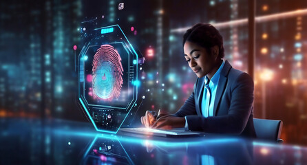 woman accessing her personal financial information on her phone using her fingerprint identification, generative ai