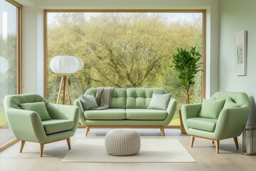 Wall Mural - Scandinavian Dining Room with Sofa, Chairs, and Wooden Table by Window in Pastel Green Interior