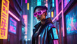 © Ebad - Futuristic cyberpunk figure in neon-lit alley, high-tech clothes, augmented reality ai generated