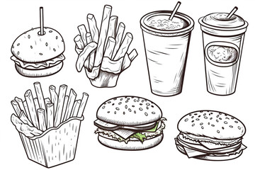 Soft Drinks Iced Tea Coffee Milkshakes Pancakes Hash Browns Ice Cream Cones Milkshakes Apple Pie Fish Veggie Ham Cheeseburger Fried Chicken Tenders Chili Dog Fish Sandwich png background Generative Ai