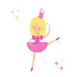 © Kidzkamba - Little ballerina princess in pink dress with blond hair and crown. Flat vector illustration.