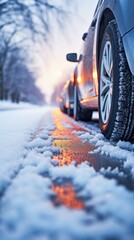 Close-up Side view of a car with a Winter tires on Snowy road. Tires on snowy highway detail. Space for text. Drive Safe Concept on Winter or spring holidays adventures. Generative ai