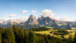 Alpe di Siusi or Seiser Alm, Sassolungo mountain, Dolomites in italian Alps, South Tyrol, Italy.