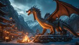 Fototapeta  -  a dragon statue sitting on top of a pile of snow covered ground in front of a building with a fire in the middle of the ground and mountains in the background.