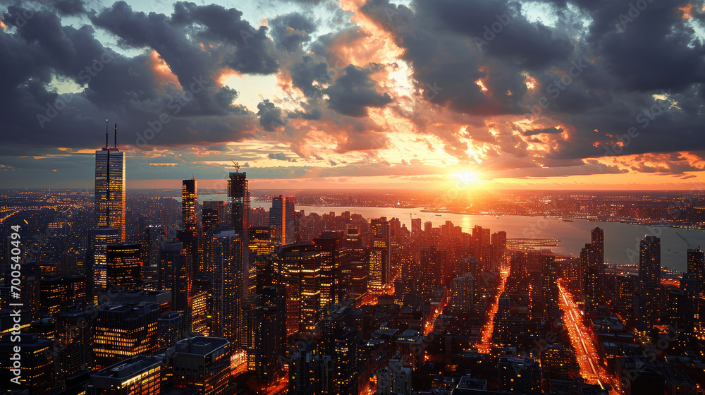 A breathtaking aerial view of a cityscape at sunset, with the skyline ...