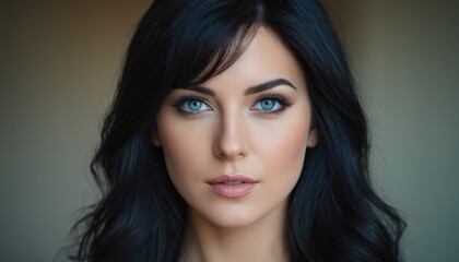 Poster -  a woman with long black hair and blue eyes is looking at the camera with a serious look on her face as if she's about to take a photo.