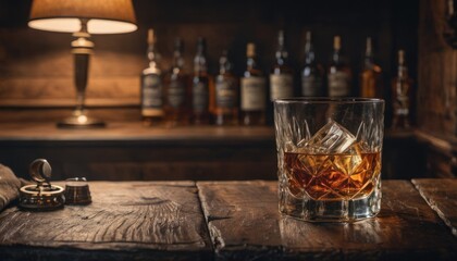 Wall Mural -  a glass of whiskey sitting on top of a wooden table next to a bottle of liquor and a corkscrew with a bottle opener on the side of the glass.