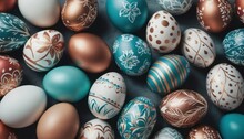  A Close Up Of A Bunch Of Different Colored Easter Eggs With Designs On Them, All Of Which Have Been Painted With Gold, Blue, White, And Brown.