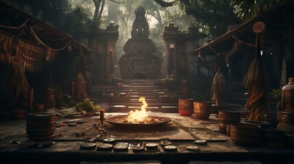 Wall Mural - the recreation of a Mayan religious ceremony, complete with incense and rituals.