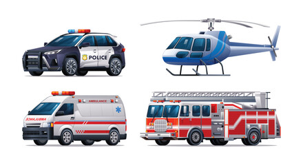 Wall Mural - Emergency vehicle set. Police car, fire truck, ambulance and helicopter. Official emergency service vehicles side view vector illustration