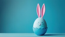  A Blue Easter Egg With A Pink Bunny's Face Sticking Out Of It's Egg Shell On A Blue Surface With A Blue Background With A Blue Background.