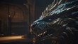  a close up of a dragon's head in a dark room with a light shining on the side of the dragon's head and it's head.