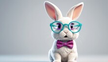  A White Rabbit Wearing Glasses And A Pink Bow Tie With A Pink Bowtie On It's Head And A Pink Bow Tie On It's Head, Sitting In Front Of A Gray Background.