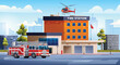 Fire station building with fire truck and helicopter on cityscape background. Fire department. City landscape vector cartoon illustration
