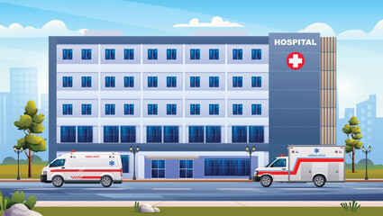 Wall Mural - Public hospital building with ambulance emergency cars on cityscape background vector illustration