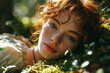 © photoguns - Close up portrait of a sensual red-haired girl lying on the moss. Generative AI