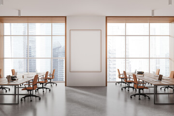 Wall Mural - Office business interior with computers and panoramic window. Mockup frame