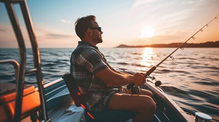 Wall Mural - Man fishing in luxury boat, happy