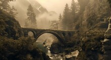 An Ancient Stone Bridge Over A Mountain Stream In A Foggy Forest. The Concept Of Mystery And History.