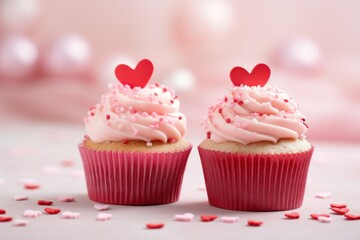 Valentines Day two cupcakes with whipped cream decorated sprinkles and red hearts on pink bokeh background. Copy space. Greeting card.