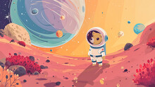 Space Background For Kids With Planets And Stars And Pet Dog Astronaut, Cartoon Illustration