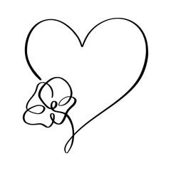 Wall Mural - Hand drawn love heart with flower vector logo one art line illustration. Black outline. Element for Valentine Day banner, spring poster, greeting card