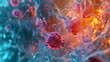  a vibrant microscopic view of malignant hematologic cells, their structure distorted and disorganized, while GFH009, represented by a glowing pathway