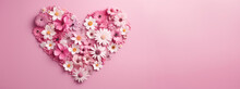 Valentine's Day Background. White And Pink Flowers, Hearts On Pastel Pink Background. Valentines Day Concept. Flat Lay, Top View, Copy Space