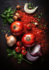 Wall Mural - Bursting with Freshness: Vibrant Organic Tomato Salad with Raw Vegetables and Garlic on Wooden Table