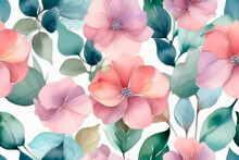Watercolour Floral Seamless Background With Hydrangea Flowers, Leaf And Branches.
