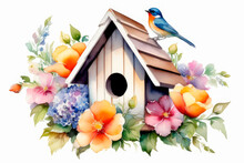 Composition With Birdhouse And Flowers Around It And Birds On White Background.