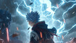 Anime-Charakter in stürmischem Gewitter mit Blitzen