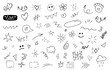 Big set of cartoon doodle hand drawn elements. Line art. Crowns, hearts, stars, flowers, sparkles, arrows, lightnings, smiley, signs and other funny design elements іsolated on white background.