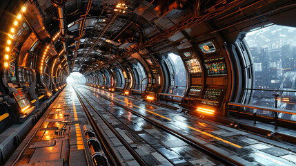 futuristic science fiction corridor inside a spaceship or space station, with advanced technology an