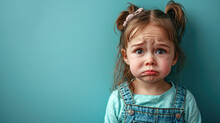 Portrait Of Sad Offended Crying Little Girl Child On Flat Blue Color Background With Copy Space, Banner Template. A Sad Child Makes A Grimace.