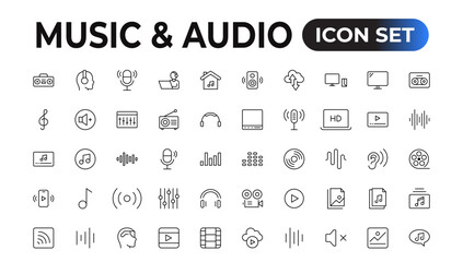 music and audio universal thin line icons set on white, minimalistic, flat Set of thin line web icon set, simple outline icons collection, Pixel Perfect icons, Simple vector illustration.