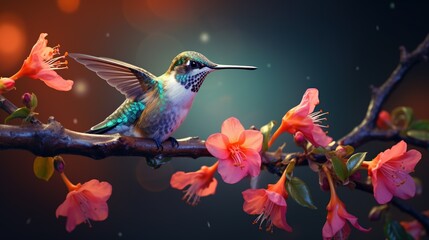 Canvas Print - A close-up of a tiny hummingbird perched delicately on a flower-covered branch, with vibrant blossoms surrounding it