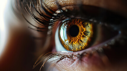 Close-up macro shot of a woman's face with brown  eyes looking into the camera. Natural beauty, brown eyed woman.