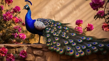 Canvas Print - A regal peacock perched on a garden wall, displaying its vibrant plumage with intricate patterns and colors