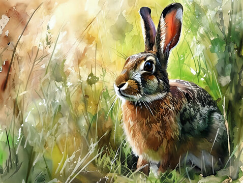 hare in the grass watercolor